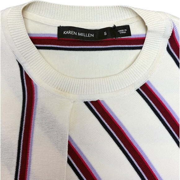 Karen Millen Cream Multi Stripe Crewneck Tie Front Stretch Top - Picture 3 of 7